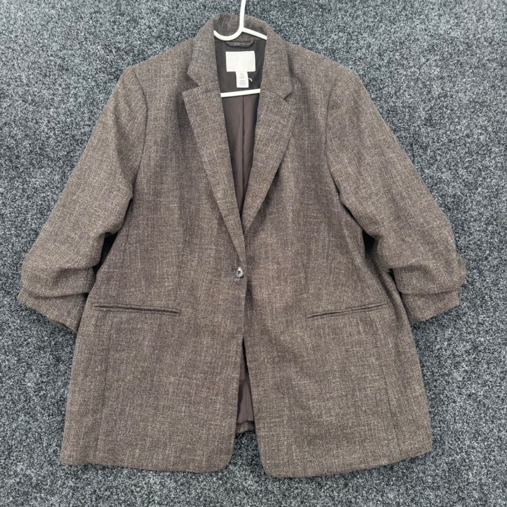 HM Brown Textured Ruched Sleeve Single Button Blazer Jacket Womens XL 381337